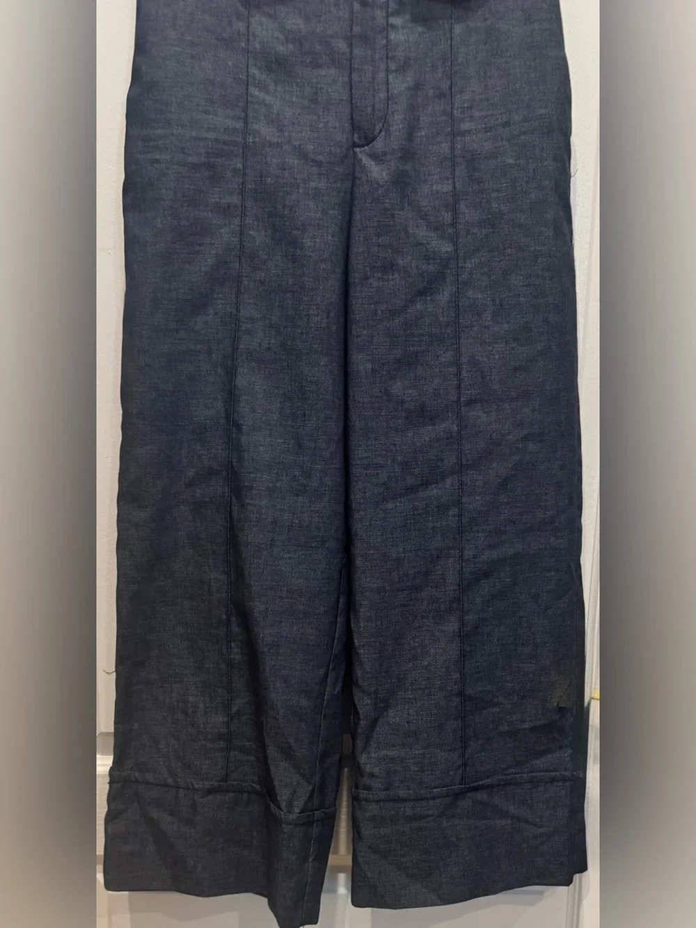 ZARA Linen Blend Wide Leg Denim Culotte Pants Indigo Blue XS NWT